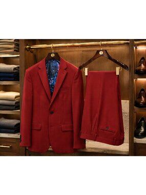 Indochino Mens Red Two-Piece Suit 40R Wool Custom Made Jacket & Pants $600 EUC